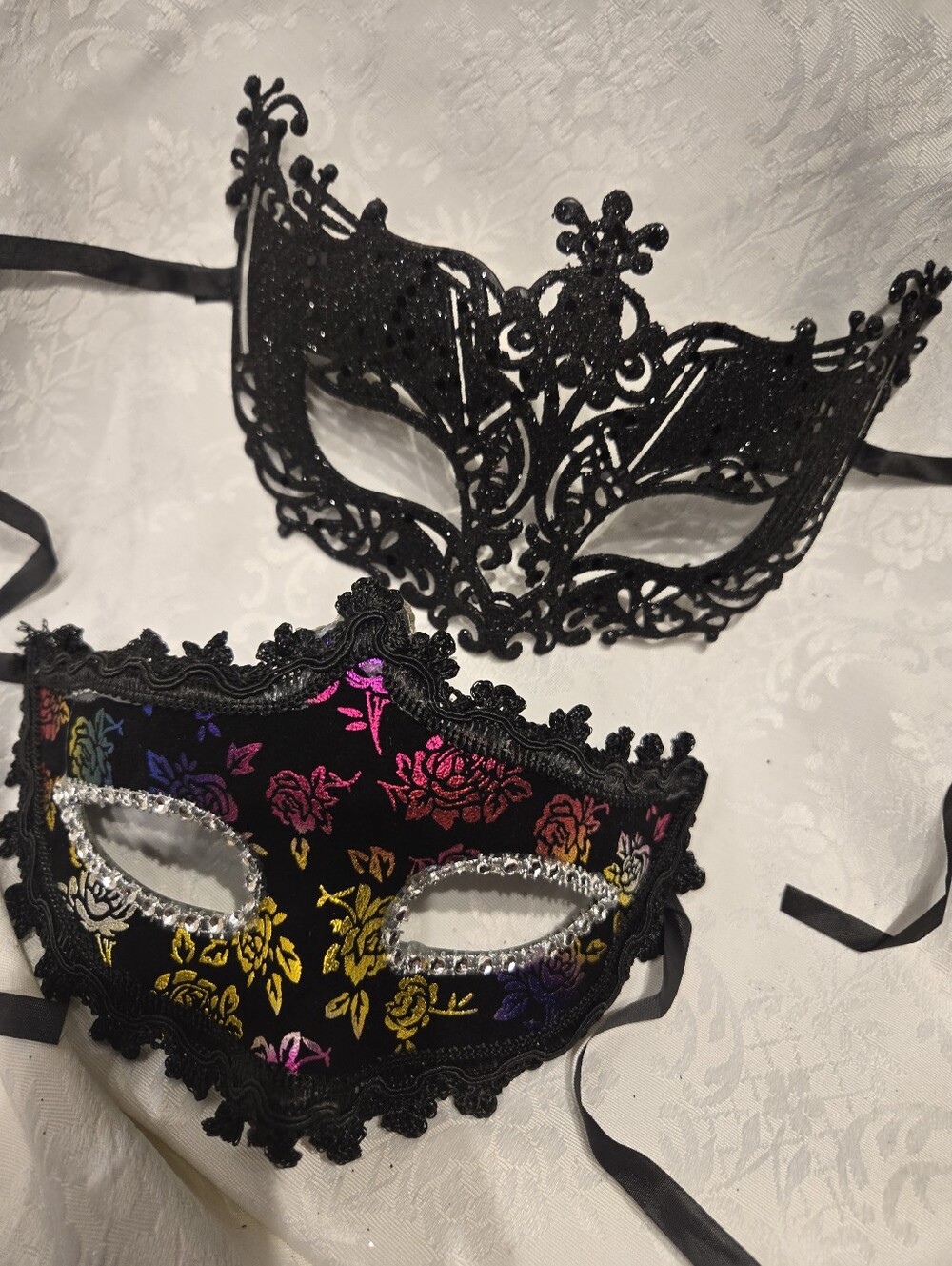 Black Lacy Venetian Mask with Multicolor Floral Accents